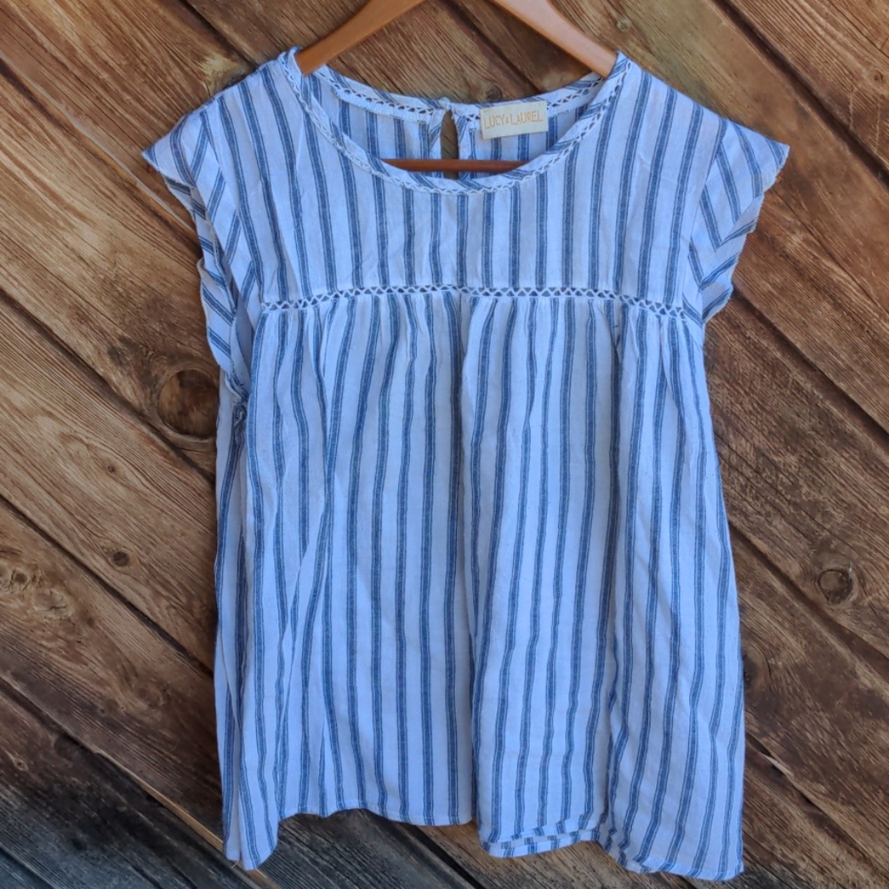 Cute blue & white striped cotton short sleeve top Large
